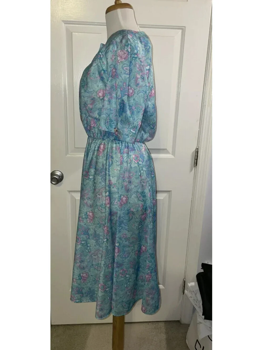 Vintage California Looks Floral Dress Teal Blue Pink Size 8 Petite USA Made
